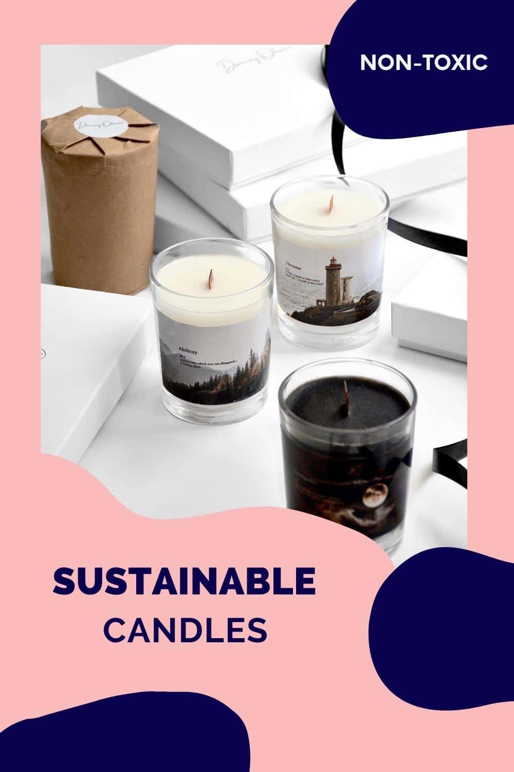 3 candles in jars and one wrapped in paper.