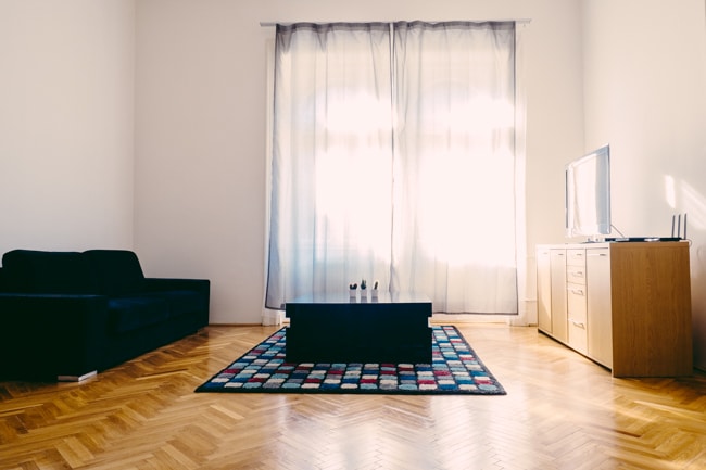 Large room in an apartment with sunlight.